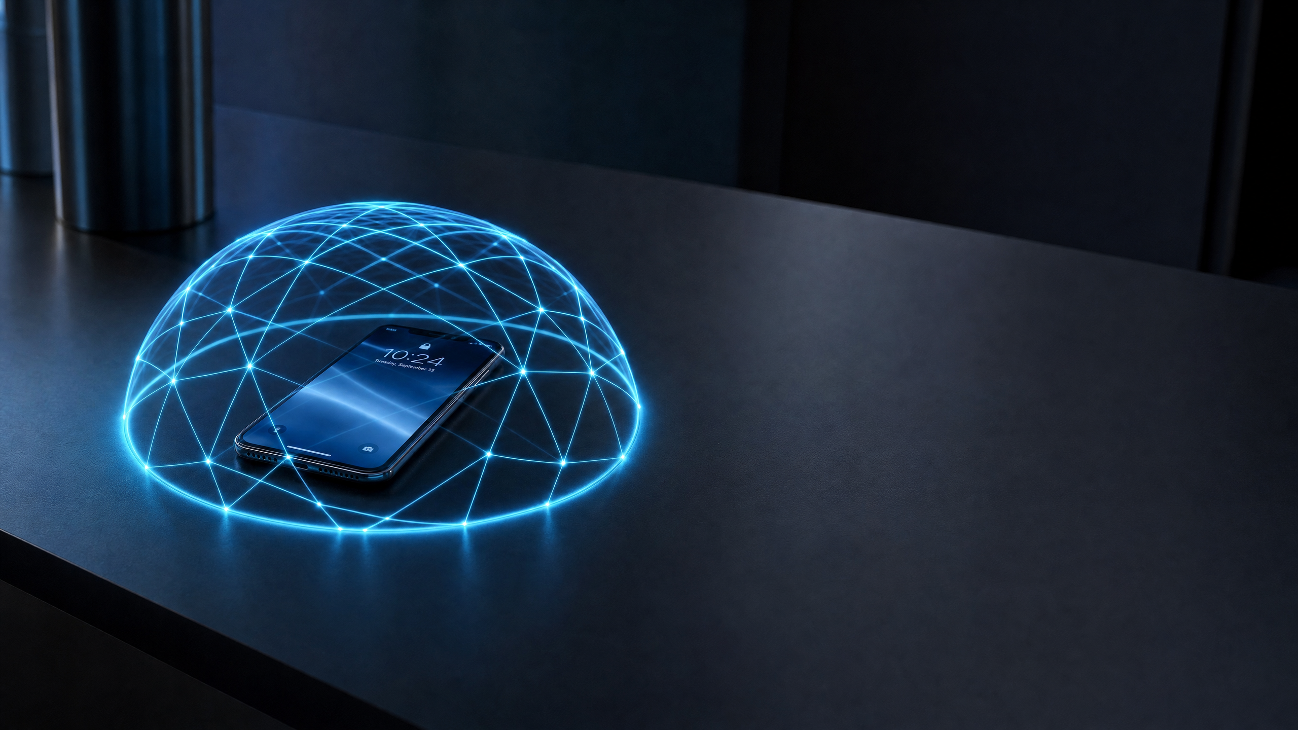 A matte black smartphone on brushed graphite, enclosed by a rectilinear steel-blue protective shield graphic that frames the device against penetration.