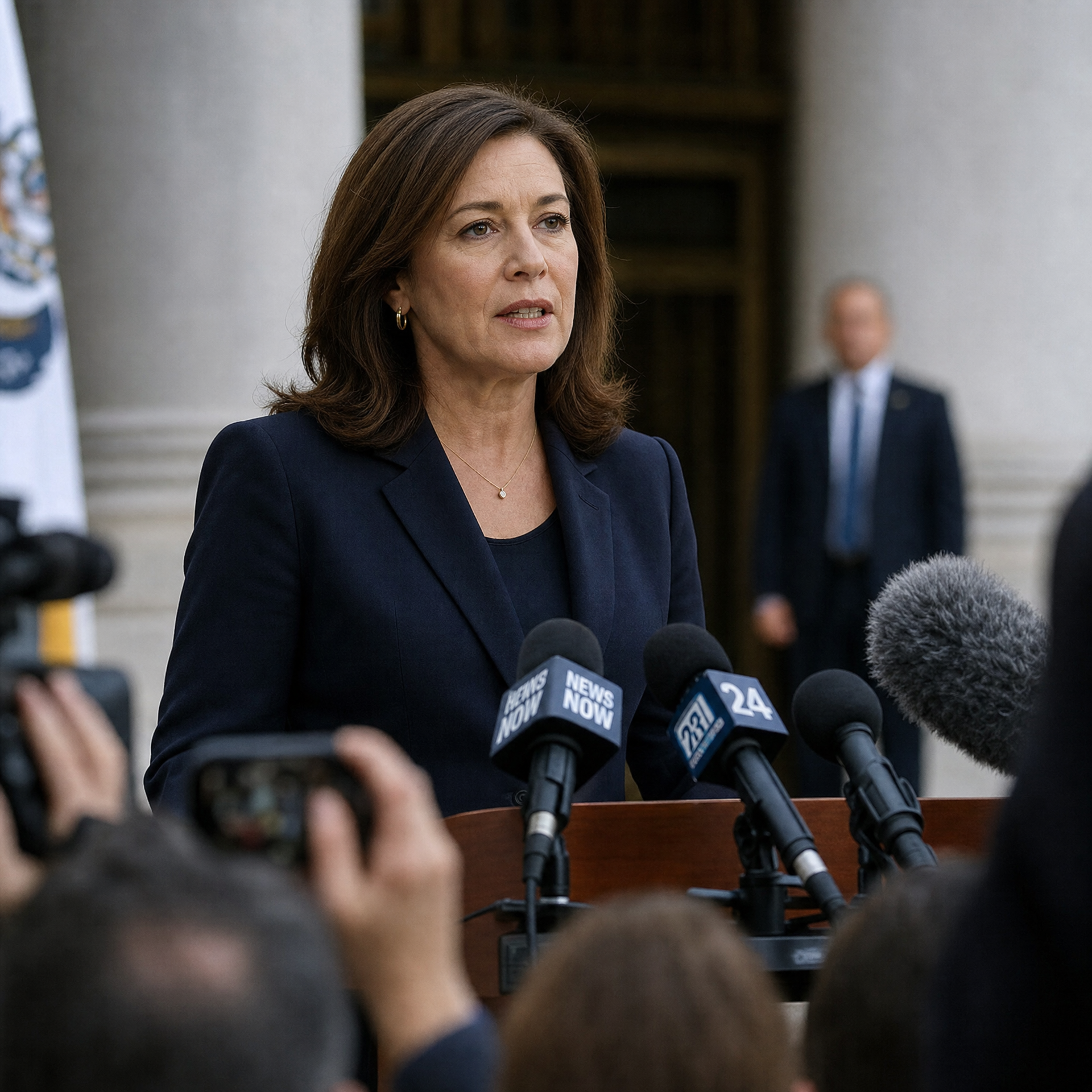 A public official speaking at a press conference as reporters hold up phones to record.